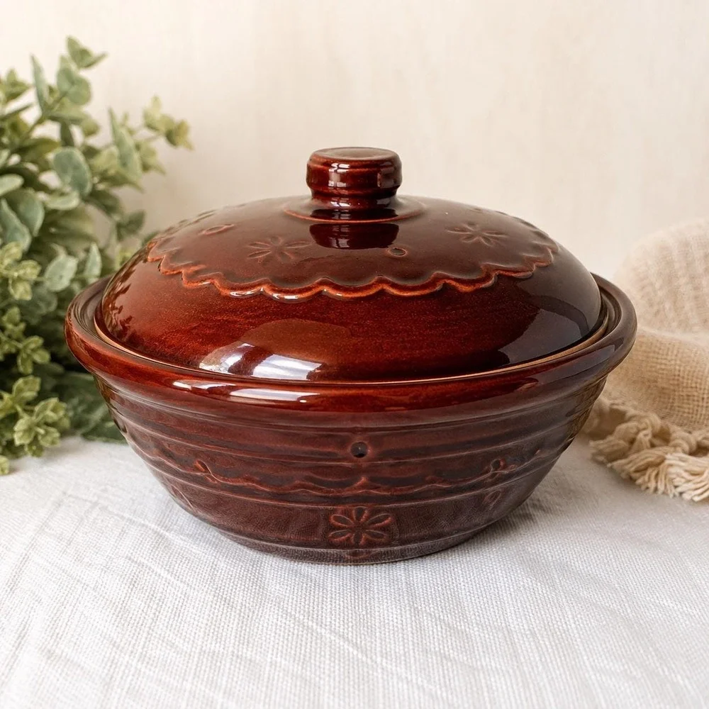 VTG Marcrest Daisy Dot Brown Stoneware Covered Casserole Dish USA farmhouse